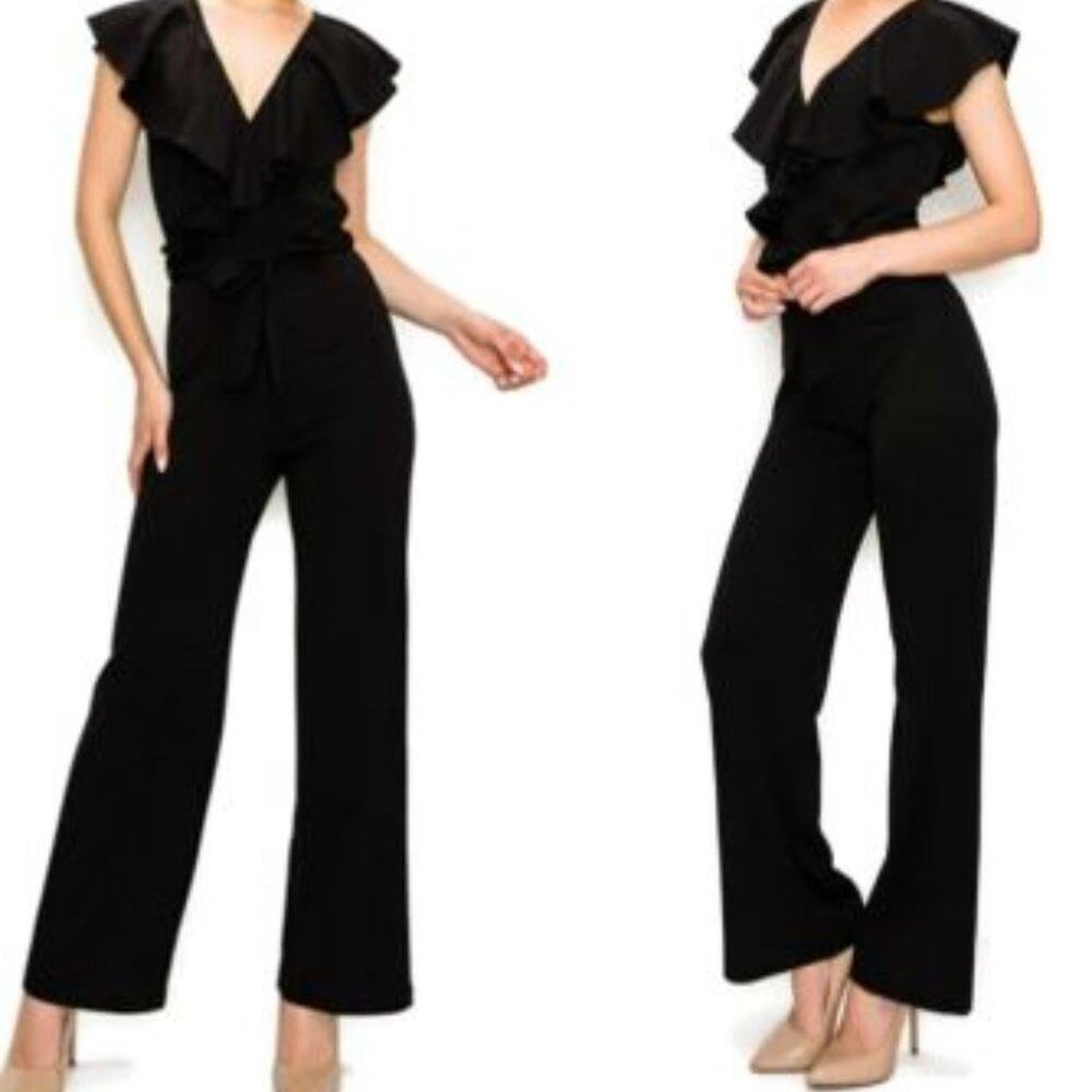 Charlie's Angels Black Jumpsuit Wide Leg Flowy Ruffle Sleeveless Sz L‎ Glamor